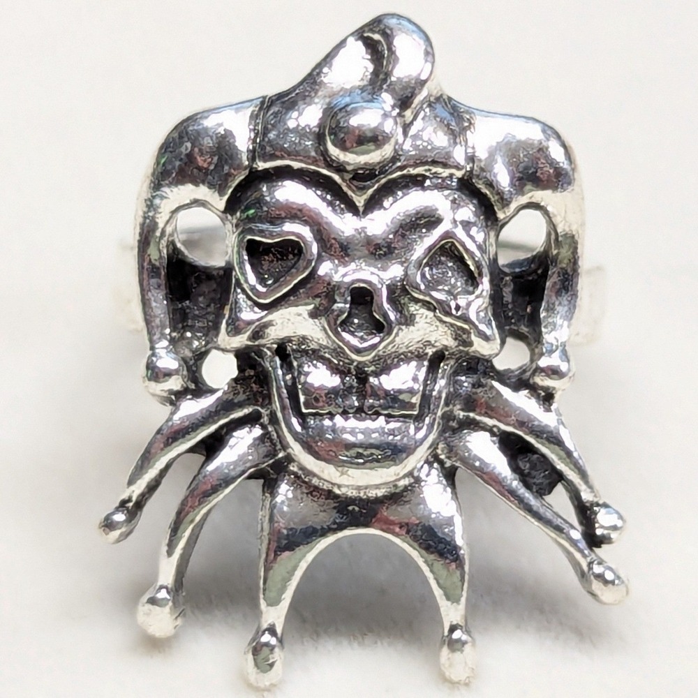 New Joker Jester Skull Hearts Ring Size 6.5 Silver Tone Gothic Biker Dual 2 Face